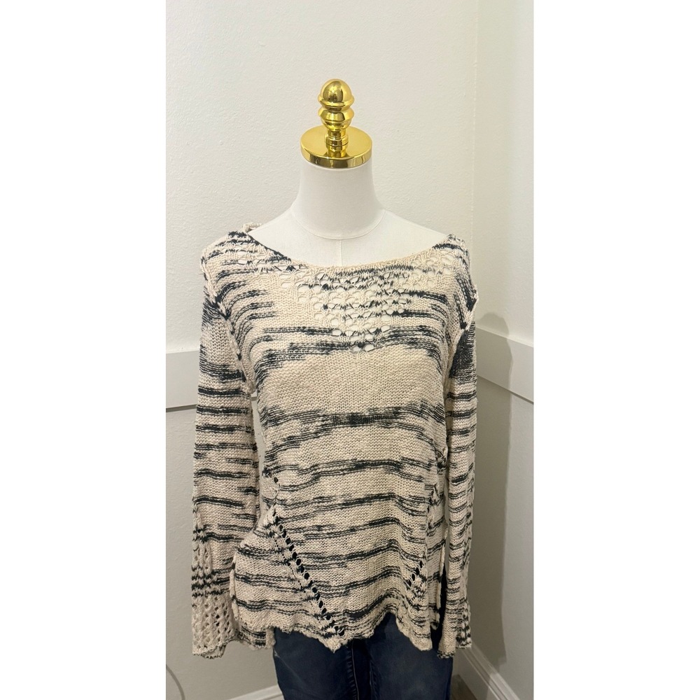 Democracy Knit Sweater Womens Small Cream Navy Good Boho Open Knit Pointelle